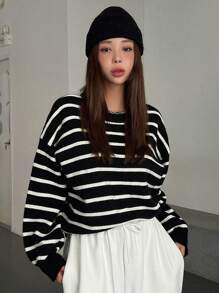 DAZY Mẫu sọc Nút Quay lại Thả vai Áo len - màu đen - Xem 6