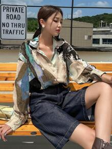 DAZY Graphic Print Drop Shoulder Shirt - Green - View 1