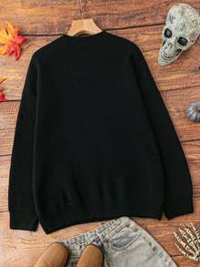 SHEIN LUNE 大碼字母和鬼圖案落肩袖套頭毛衣 - 黑色 - 查看 2