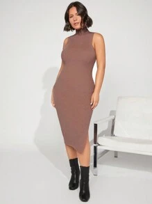 SHEIN BASICS Plus Mock Neck Split Thigh Sweater Dress - Khaki - View 4