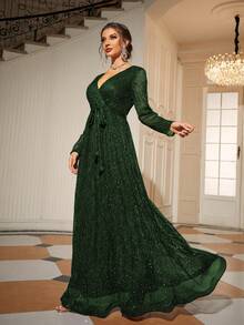 Women's Elegant Overlapping V-Neck Glittery Mesh Long Sleeve Dress Party Dress Wedding Guest Dress Formal Dress Evening Dress - Dark Green - View 3