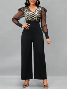 SHEIN Lady Lưới tương phản Tay áo In kẻ sọc Tương phản Sequin Áo nịt ngực Áo liền quần - Nhiều màu - Xem 4