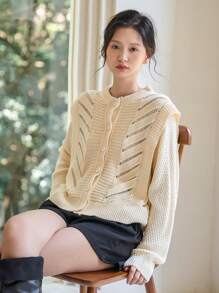 DAZY Dệt kim chấm bi Nút phía trước Áo len Mở - Màu be - Xem 1
