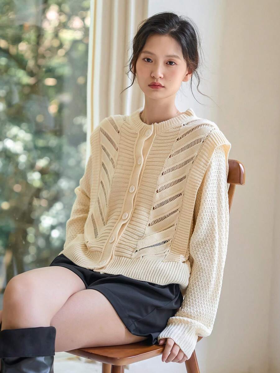 DAZY Dệt kim chấm bi Nút phía trước Áo len Mở - Màu be - Xem 1