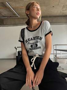 DAZY Camiseta unida en contraste con estampado de letra - Gris - Ver 3