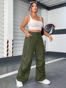 Flirla Plus Flap Pocket Side Cargo Pants - Army Green - View 3