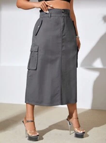 SHEIN ICON 大碼側翻蓋口袋牛仔半身裙 - 灰色 - 查看 1