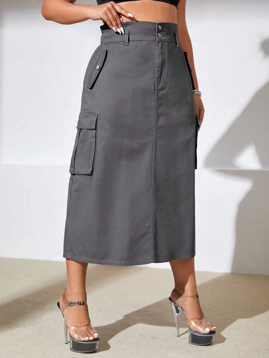SHEIN ICON 大碼側翻蓋口袋牛仔半身裙 - 灰色 - 查看 1