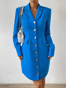 Chiquease Lapel Neck Button Front Shirt Dress - Blue - View 5