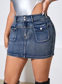 SHEIN ICON Plus Flap Pocket Denim Skirt - Blue - View 1