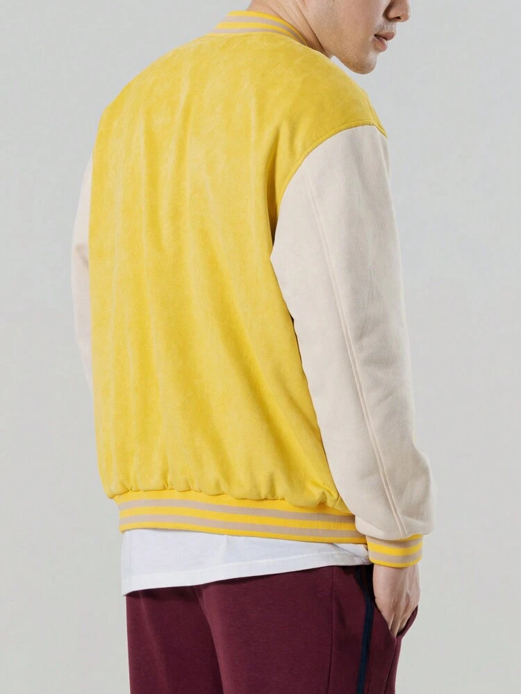 Loose Fit Men's Lettered & Striped Trim Drop Shoulder Bomber Jacket