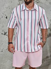 Manfinity Homme Men Plus Striped Print Shirt & Shorts - Pink - View 1