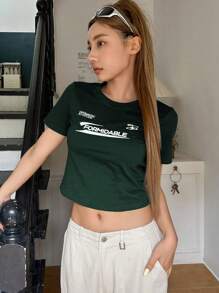 DAZY Đồ họa Chữ cái Áo phông Crop - Màu xanh lá cây đậm - Xem 4
