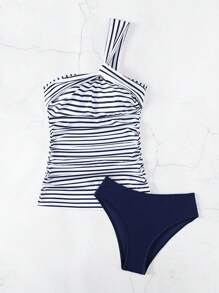 Swim Lushoire Summer Beach Striped Ruched Tankini - Blue and White - View 7