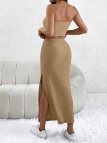 SHEIN PETITE 素色抹胸上衣&高衩半身裙 - 卡其色 - 查看 2