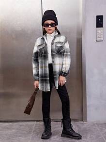 SHEIN Tween Girl Plaid Print Drop Shoulder Flap Pocket Belted Shirt Dress