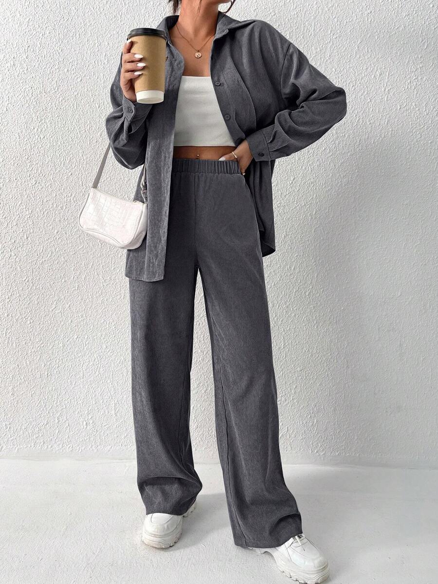 Flirla Drop Shoulder Corduroy Shirt & Pants Fall Cloth For Women