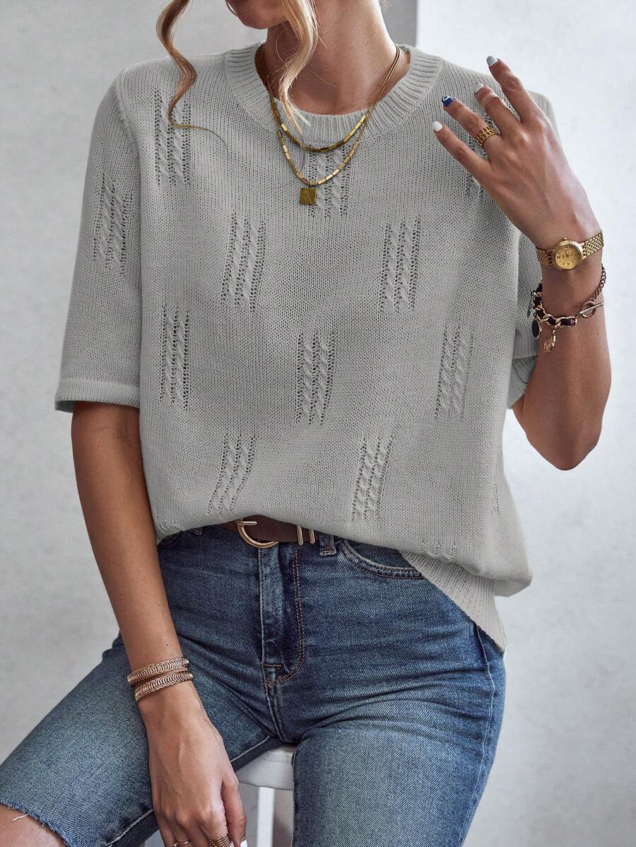SHEIN LUNE Chất rắn Knit ngọn - Xám - Xem 1