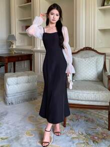 DAZY Contrast Mesh Flounce Sleeve Split Thigh Dress Prom Dress,Ruffle,Fall Dress Elegant Women Dresses - Black - View 3