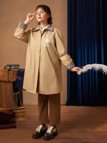 HARRY POTTER X SHEIN Hơn Đồ họa Chữ cái Cổ áo tương phản áo - Màu Khaki - Xem 2