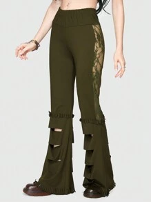 ROMWE Fairycore Quần ống loe cắt ren tương phản - màu xanh lá - Xem 1