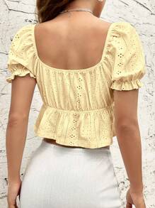 SHEIN EZwear Eyelet Embroidery Tie Front Puff Sleeve Peplum Tee - Yellow - View 2