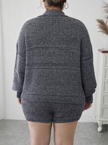 Calvaya Plus Drop Shoulder Sweater & Knit Shorts - Dark Grey - View 2