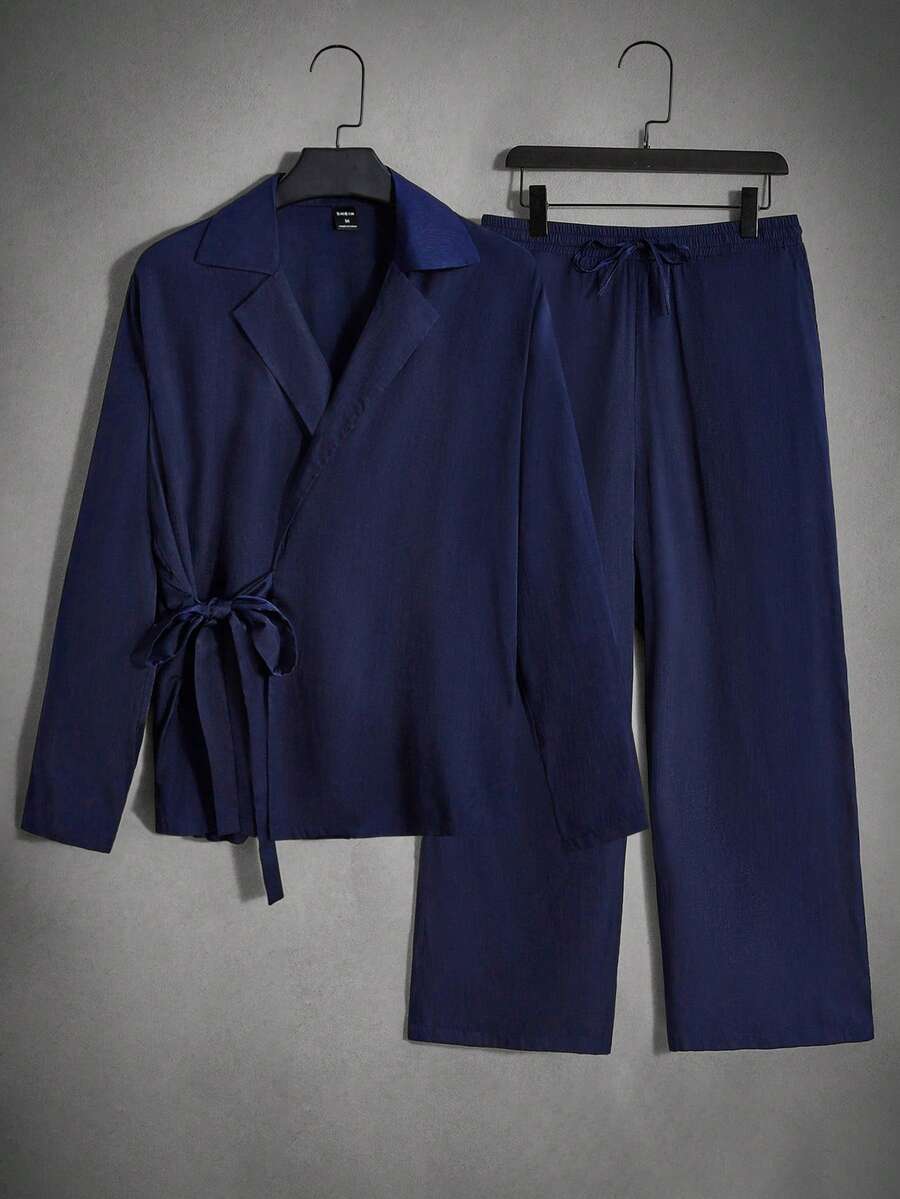 GENTILAND 宽松男士翻领系带侧边上衣和裤子套装 - 藏蓝色 - 查看 1