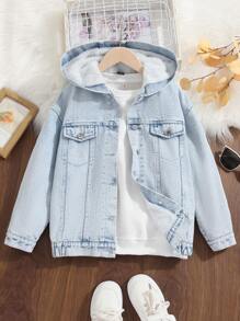 Tween Girls 1pc Flap Pocket Teddy Lined Hooded Denim Jacket - Light Wash - View 1