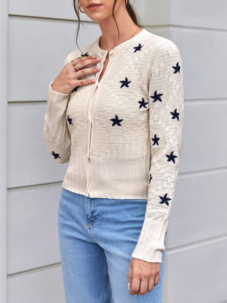 Star Pattern Button Front Cardigan Fall Cloth For Women