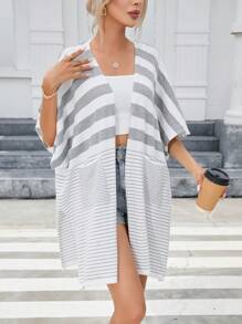 SHEIN Unity Padrão Listrado Manga De Asa De Morcego Cardigan Espanador - Multicolorido - Visão 4