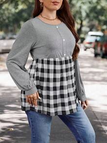 SHEIN LUNE 大碼紐扣細節雙色格子荷葉邊下擺T恤 - 彩色 - 查看 5