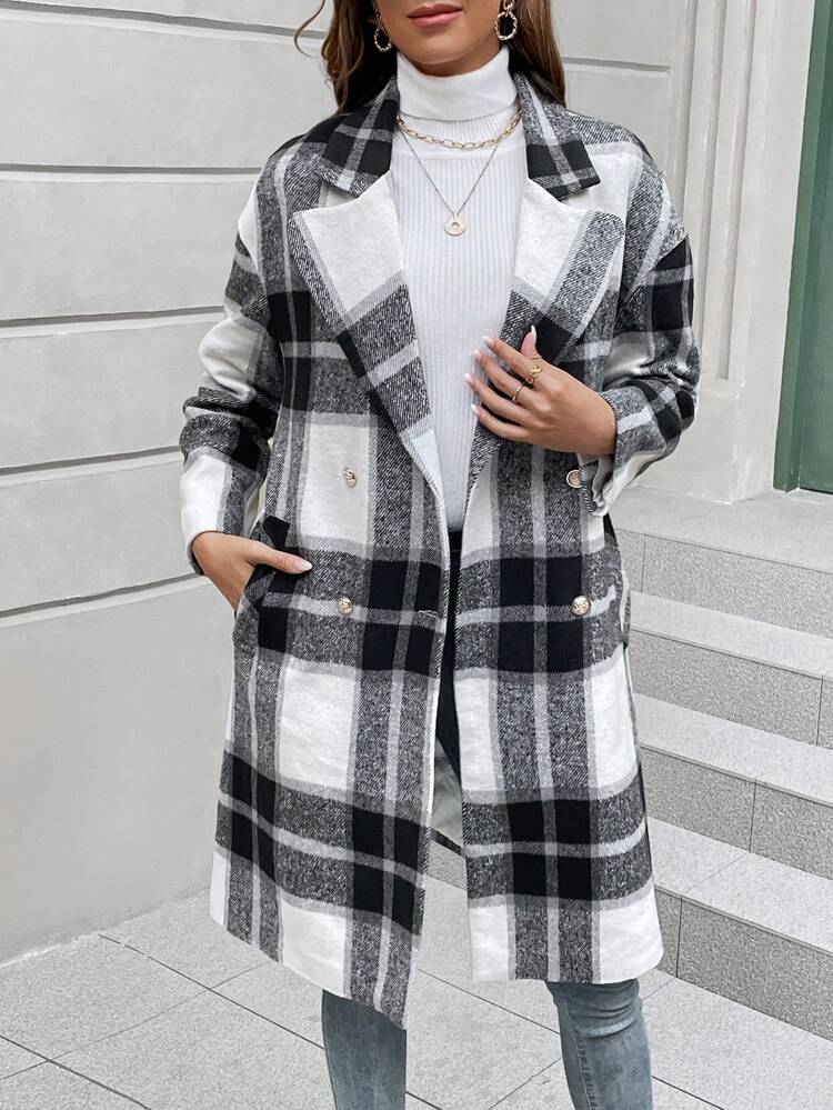 Plaid Double Breasted Drop Shoulder Overcoat