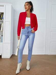 SHEIN Essnce Solid Zip Up Crop Jacket In Fall/Winter - Red - View 6