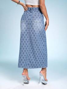 SHEIN ICON Allover Print Split Thigh Denim Skirt - Blue - View 2