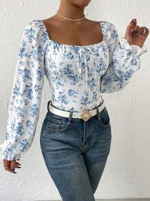 Chiquease In hoa Nút phía trước tay áo lá sen Nếp gấp Phần Ngực Cổ vuông Áo liền quần chặt - Nhiều màu - Xem 1