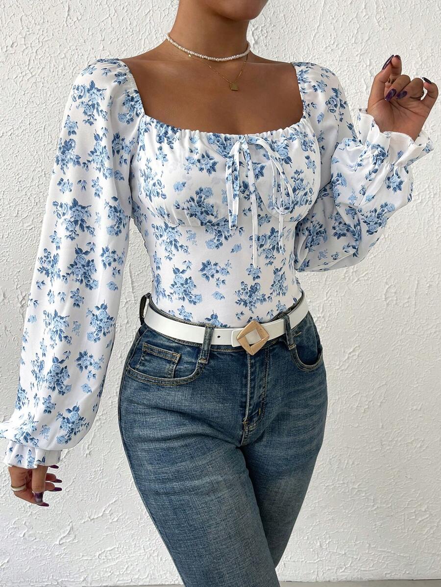 Chiquease In hoa Nút phía trước tay áo lá sen Nếp gấp Phần Ngực Cổ vuông Áo liền quần chặt - Nhiều màu - Xem 1