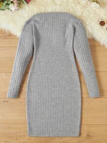 RueChic Tween Girl Scoop Neck Ribbed Knit Sweater Dress - Grey - View 2