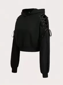 SHEIN EZwear Áo hoodie trễ vai có chi tiết ren họa tiết Halloween, áo dài tay cho mùa thu/đông - màu đen - Xem 3