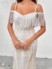 SHEIN Belle Cold Shoulder Fringe Trim Mermaid Hem Sequin Formal Dress - Beige - View 2