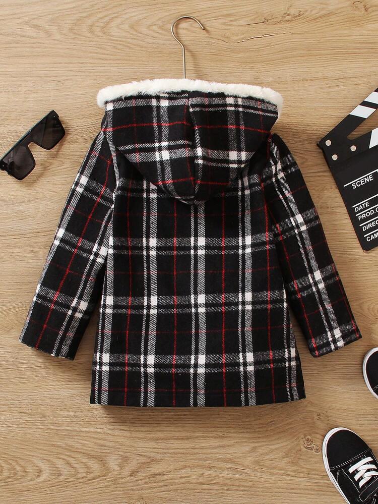 Young Boy 1pc Plaid Flap Detail Fuzzy Trim Hooded Overcoat