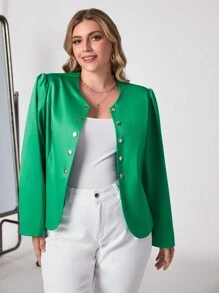 SHEIN Clasi 大碼素色前紐扣夾克 - 綠色 - 查看 4