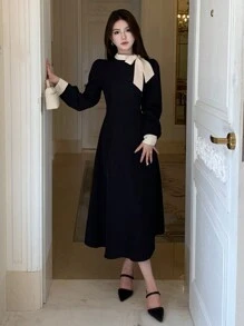 DAZY Homecoming Contrast Color Ruffle Collar Midi Dress For Women, Birthday ,New Year Eve Prom Dress,Fall Clothes,Back To School Clothes Long Sleeve Dress Elegant Women Dresses - Black - View 7