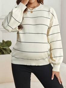 SHEIN 孕妇条纹落肩毛衣，适合冬季 - 米色 - 查看 4