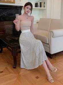 DAZY Wideband Waist Sequin Skirt - Silver - View 5