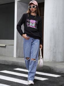 Flirla Letter Graphic Sweatshirt Pullover Fall Outfit