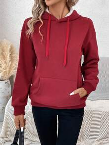 SHEIN LUNE Kangaroo Pocket Drop Shoulder Thermal Drawstring Hoodie - Red - View 6