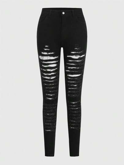 Grunge Punk Jeans ajustados con rasgaduras en escalera, escuela