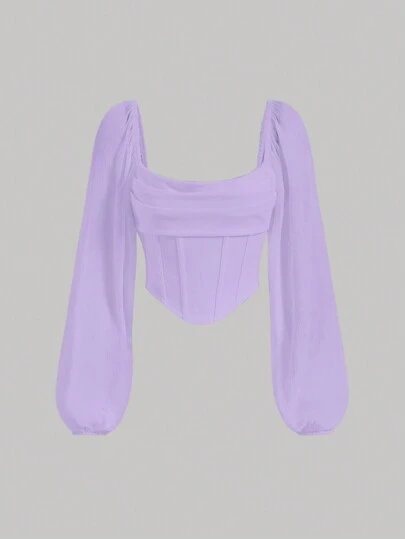 SHEIN MOD Lantern Sleeve Ruched Bust Crop Purple Headscarf Hem Asymmetrical Top