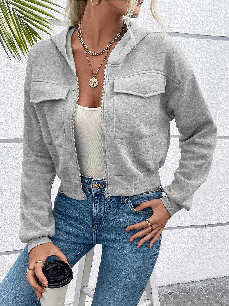 SHEIN VCAY 翻蓋口袋落肩袖拉鏈連帽衫 - 灰色 - 查看 1